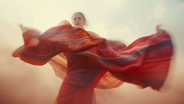 Elegant woman in flowing red dress with patterned shawl in desert haze