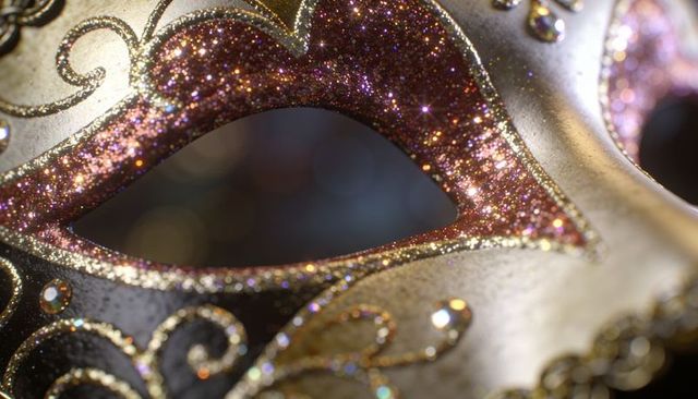 Ornate venetian masquerade mask closeup with pink-purple glitter and gold scrollwork macro