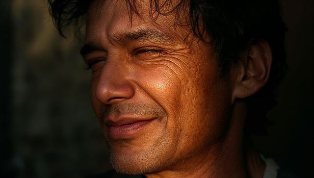 Warm side-lit close-up of smiling middle-aged man showing skin texture and expression