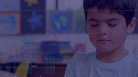 Caucasian Schoolboy Learning with Digital Graphics Overlay