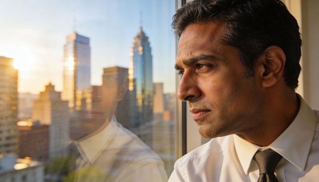 Indian executive gazing through office window at city skyline sunset reflective portrait