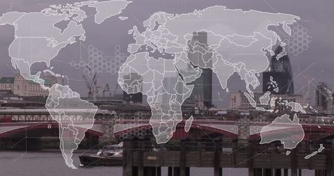Futuristic world map overlay with london cityscape background
