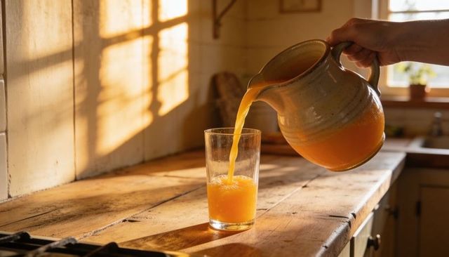 Pouring orange juice from ceramic pitcher into glass on sunlit rustic kitchen counter