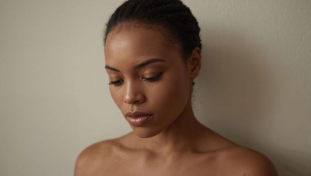 Contemplative woman tilting head with braided hair and bare shoulders against beige wall