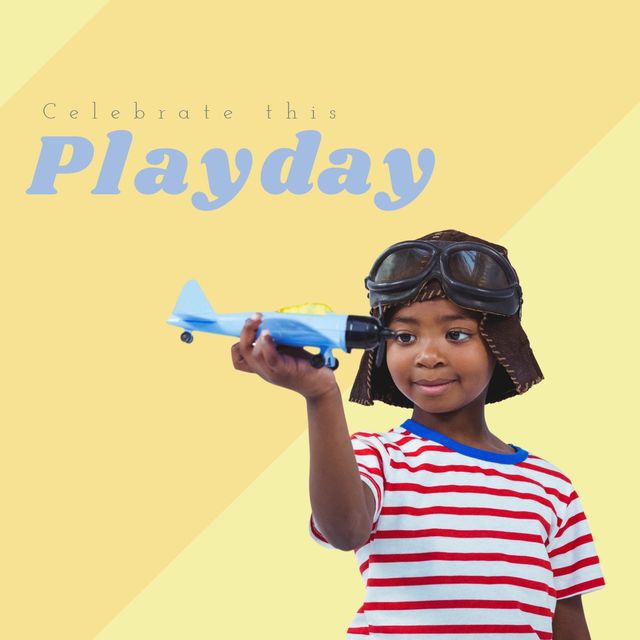 Image of a biracial boy wearing aviation goggles and a striped shirt holding a toy airplane against a vibrant yellow background. Ideal for themes of childhood joy, imagination, and play, suitable for parenting blogs, children’s activity promotions, and educational materials.