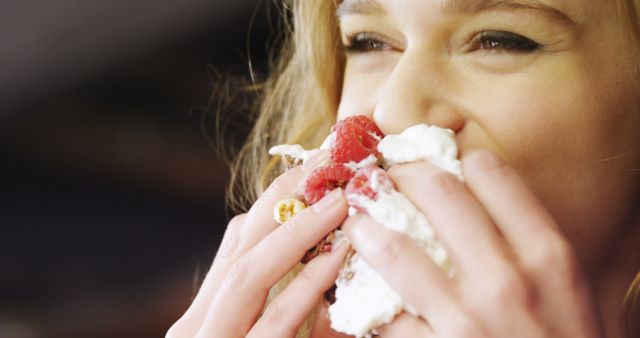 Young Woman Enjoying Whipped Cream and Berries Dessert - Download Free Stock Images Pikwizard.com