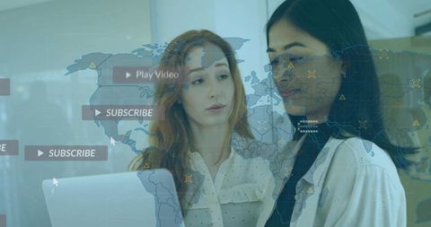 Business Professionals Analyzing Laptop Content with World Map Overlay