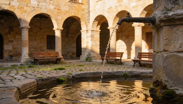 Sunlit stone fountain pouring water into rippling basin in historic cloister courtyard
