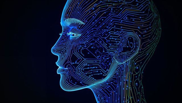 Neon circuit head outlining human profile with glowing neural network lines and nodes