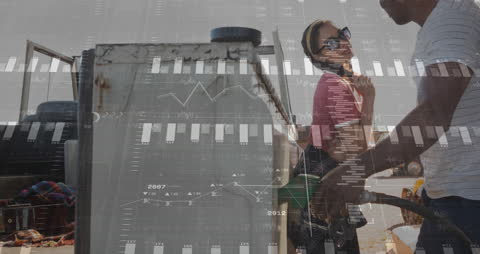 Couple at Gas Station with Data Visualization