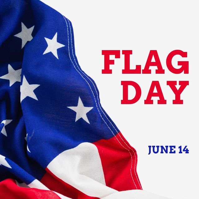 Colorful, impactful image featuring American flag with stars and stripes with text highlighting Flag Day on June 14. Ideal for promoting patriotic events, social media posts, educational purposes, or holiday decorations acknowledging national heritage and pride.