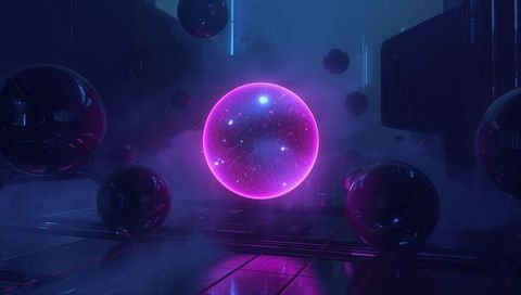 Glowing Magenta Orb Hovering inside Futuristic Neon Chamber with Reflective Black Spheres