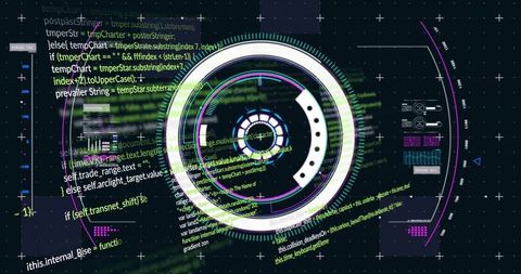 Futuristic Circular HUD Displaying Telemetry Data Stream and Code Overlays