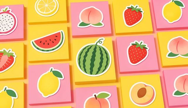Displaying pastel fruit sticker grid on pink and yellow cards for playful summer branding