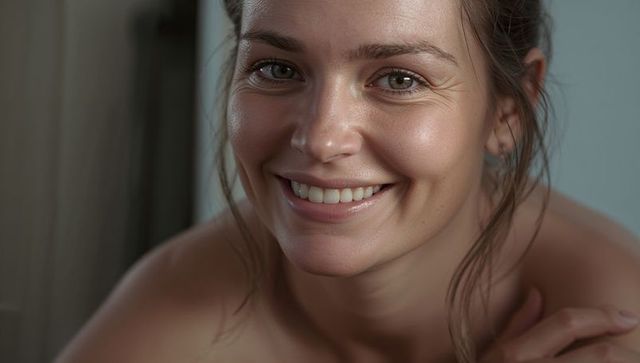 Smiling adult woman closeup showing natural skin texture and warm soft lighting