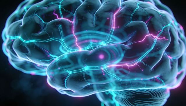 Translucent brain glowing with neon neural circuits and electric arcs, cyan magenta glow