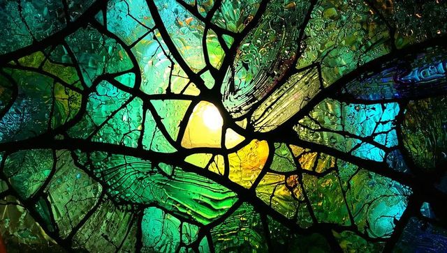 Vibrant stained glass panel with radiant central glow