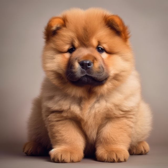 This image features an adorable fluffy Chow Chow puppy sitting on a plain background, highlighting its chubby and endearing features. Perfect for use in pet-related products, advertisements, social media posts promoting pet care, and websites focused on cute animal imagery.