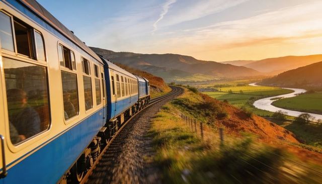 Blue and cream train curving along valley with winding river at golden hour