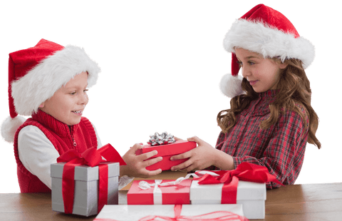 Children Exchanging Gifts in Christmas Outfits on Transparent Background