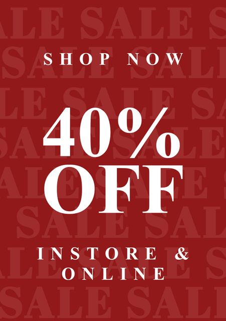 This vibrant red promotional visual highlighting a 40% discount attracts customers both in-store and online. Ideal for marketing campaigns, retail promotions, and online advertisements. Use in social media, flyers, email newsletters, and eCommerce websites to capture attention and boost sales.