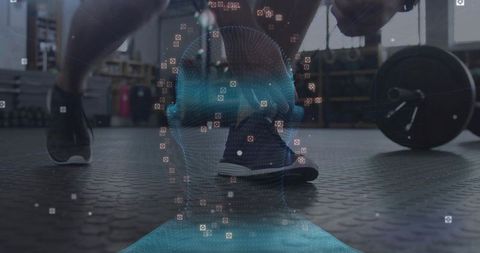 Overlaying biometric head mesh with athlete performing weightlifting on gym floor