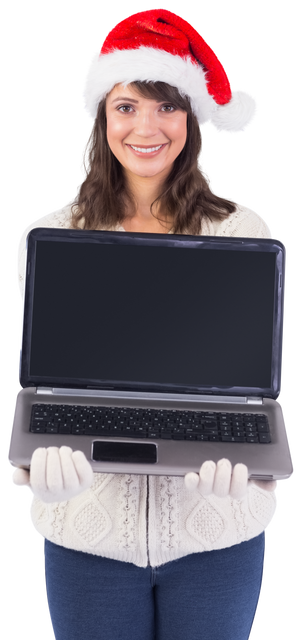 Smiling Woman in Santa Hat Showing Laptop Screen on Transparent Background - Download Free Stock Videos Pikwizard.com