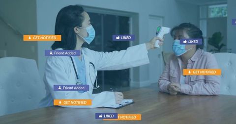 Doctor checking temperature with digital alerts concept