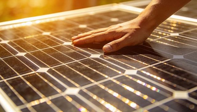 Hand touching solar panel during golden hour, checking photovoltaic cells and reflections