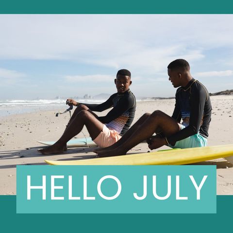 Two African American Friends Surfing on Beach July Text