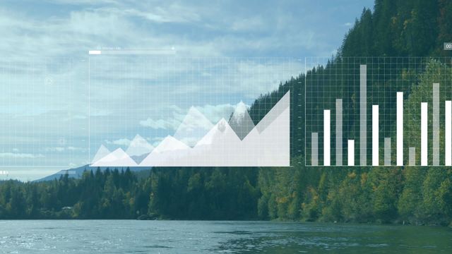 Digitalized data graphs and charts overlaying scenic landscape with a river and forested mountains. Beautiful nature view combined with technology visuals, ideal for business technology advertisements, corporate presentations, data analytics marketing materials, and environmental reports featuring tech integrations.