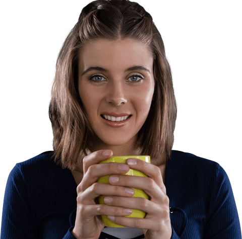 Portrait of Smiling Woman Holding Yellow Coffee Cup on Clear Background