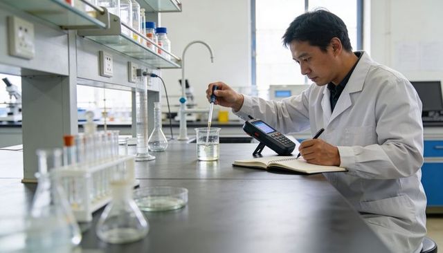 Researcher measuring liquid with pipette and portable meter, recording lab data