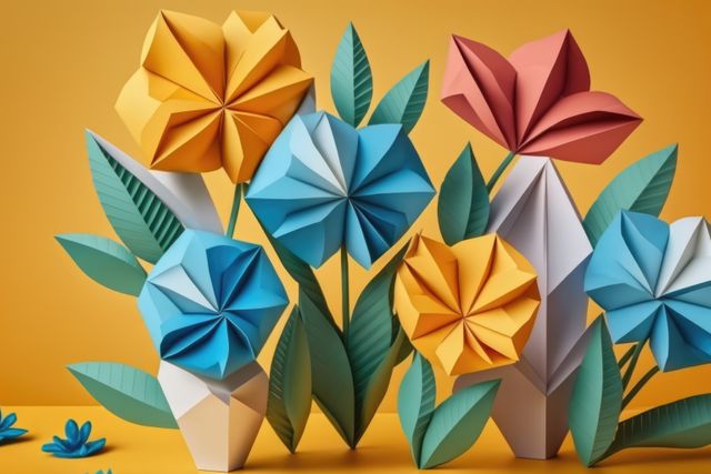 Vibrant origami flowers showcasing blue, yellow, and pink paper art against a bright yellow background. Great for use in creative projects, DIY tutorials, crafting advertisements, and design inspiration blogs.