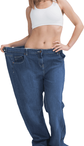 Woman celebrating weight loss by wearing oversized pants on transparent background