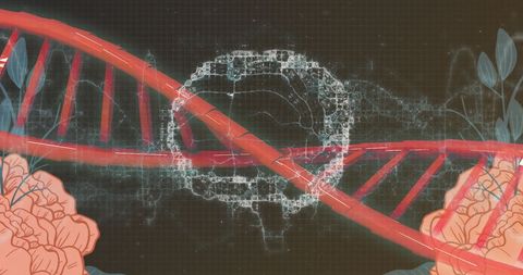 Futuristic dna chain with brain icon and floral elements