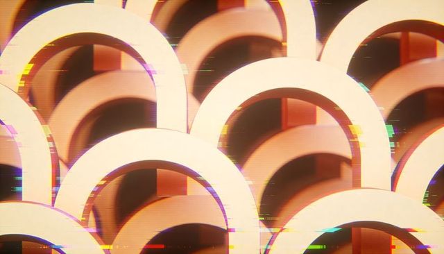 Layered overlapping arches creating geometric depth with retro glitch scan lines