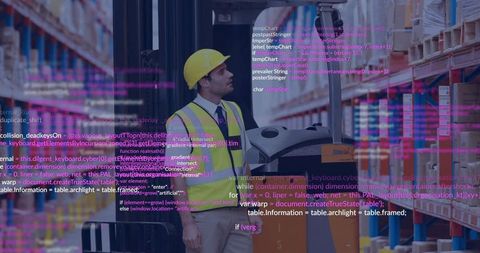 Warehouse supervisor inspecting pallet truck with code overlay for digital logistics safety