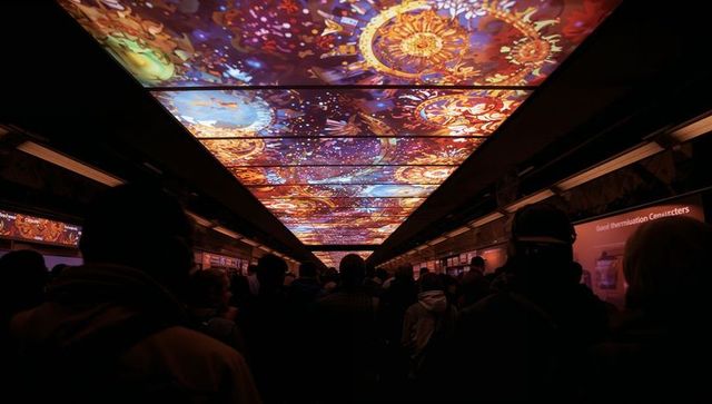 Standing crowd filling metro corridor under illuminated ceiling art and glowing wall ads