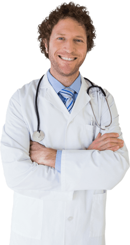 Transparent confident male doctor smiling with folded arms