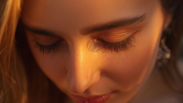 Female face tilting downward showing golden eyeshadow long lashes and shimmering skin