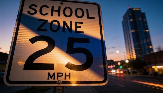 Glowing reflective school zone 25 mph sign at dusk with city highrise and light trails