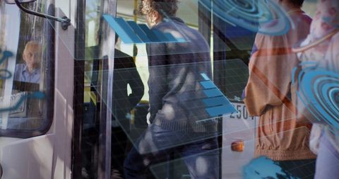 Data Visualization, Technology Interface Over People Boarding Bus