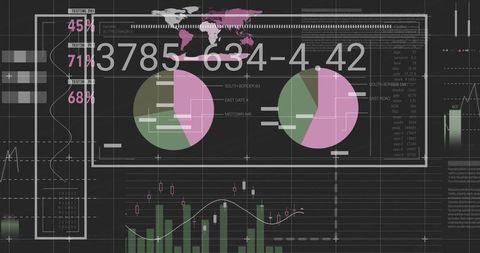 Dark hud display showing pink-green pie charts, candlestick graphs and numeric data overlay