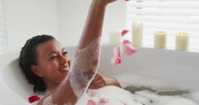 Woman Relaxing in Bubble Bath with Petal Moments - Download Free Stock Images Pikwizard.com