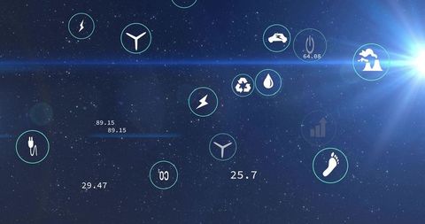 Visualizing energy dashboard with floating teal icons and metrics over starfield interface