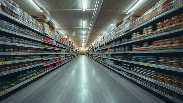 Fast-paced supermarket aisle full of canned goods