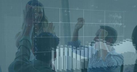 Office team high-fiving celebrating success over holographic interface