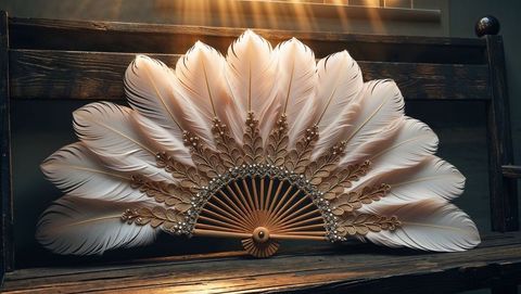 Vintage feather hand fan on weathered bench by sunlit window