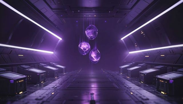 Futuristic hovering orbs in high-tech sci-fi corridor
